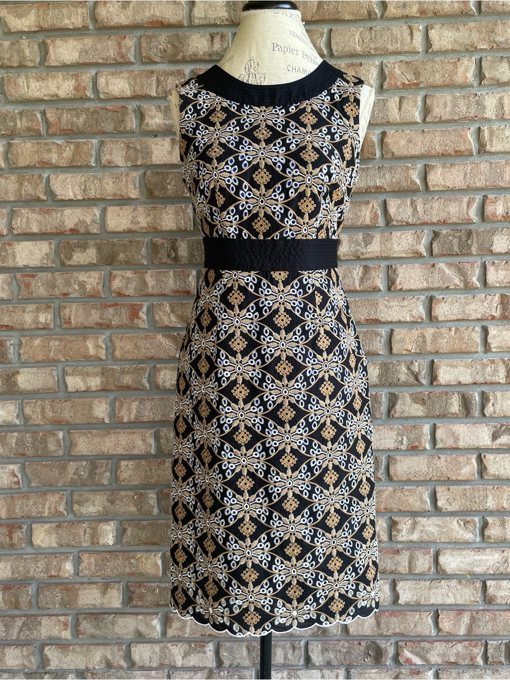 Anthropologie HD in Paris Black Sheath Dress with Tan & Cream Geometric Print